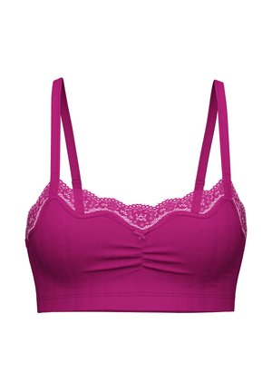 Magenta bralette met kantafwerking langs de halslijn, geplooid detail in het midden en verstelbare banden. Zachte stoftextuur.