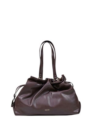 Borsa a mano in pelle morbida marrone scuro con due spalline e un discreto logo dorato "LIU JO" centrato sulla parte anteriore.