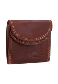 Portafoglio in pelle marrone con cuciture beige a contrasto, chiusura a pattina e brand embossato sul davanti. Design compatto e rettangolare.