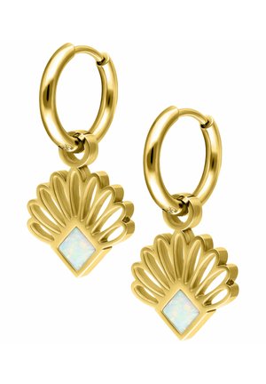 Gold hoop earrings with fan-shaped charms featuring a central diamond-shaped opal stone and openwork detailing.