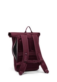 Sac à dos roll-top bordeaux avec dos rembourré, bretelles ajustables, fermeture éclair latérale et boucle de poitrine, photographié sur fond blanc.