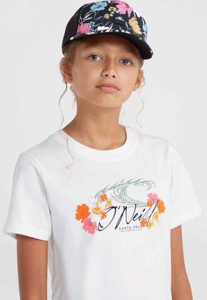 Vit t-shirt med kort ärm och blommig grafik i orange, rosa och grönt. Svart blommig keps med nätbak och O'Neill-logotyp.