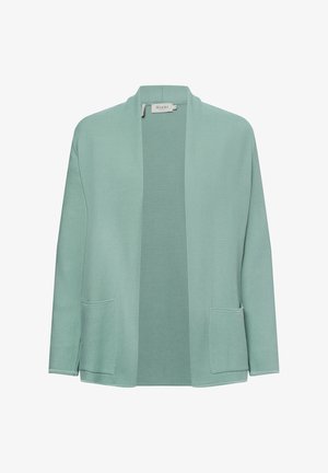 Light green cardigan with a loose fit, open front, and two front pockets. The fabric has a textured finish, enhancing its casual design.