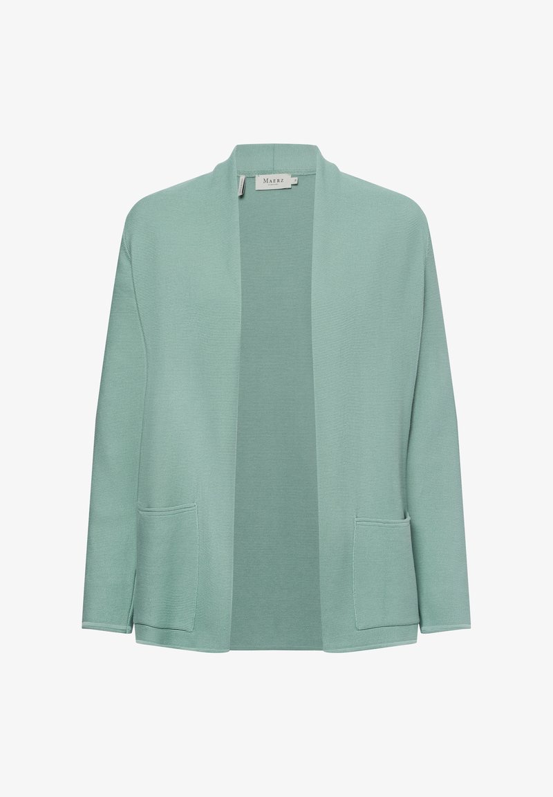 Hellgrüne Strickjacke mit lockerer Passform, offener Front und zwei vorderen Taschen. Der Stoff hat eine strukturierte Oberfläche, die das lässige Design unterstreicht.