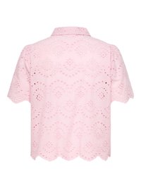 Blouse à manches courtes rose clair avec broderie ajourée, ourlet festonné et col classique, vue de dos.