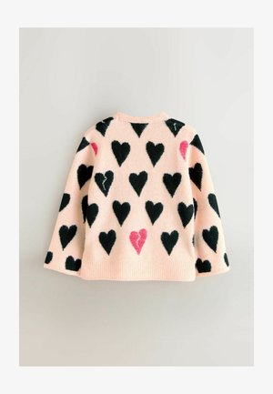 Maglione lavorato a maglia rosa con motivi a cuore neri e un unico cuore rosa. Presenta un collo rotondo e maniche lunghe, con una finitura strutturata.