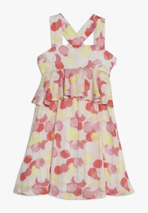 Ärmelloses Kleid für Kleinkinder mit überkreuzten Trägern, Peplum-Taille und rosa, roten und gelben Aquarellpunkten auf hellem Stoff.