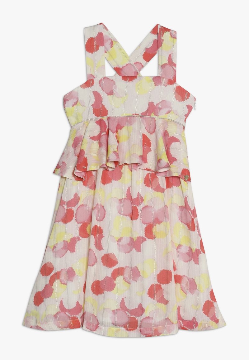 Robe sans manches pour tout-petit avec bretelles croisées, taille péplum et motif à pois aquarelle rose, rouge et jaune sur tissu clair.