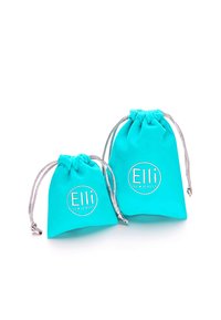 Turquoise drawstring pouches made of soft material. One larger and one smaller, both featuring a silver "Elli" logo and silver hardware accents.