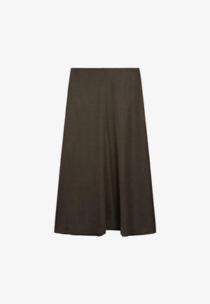 Ein langer, dunkelolivgrüner Rock aus glattem Stoff, mit ausgestellter Form und einfachem Taillenbund, ohne sichtbare Muster oder Verzierungen.