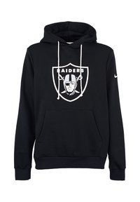 Zwarte capuchontrui met voorzak, witte trekkoorden en Raiders-logo met een met een helm gekleed figuur in een schildontwerp.