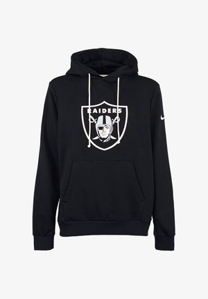Czarna bluza z kapturem, z przednią kieszenią, białymi sznurkami i logo Raiders przedstawiającym postać w hełmie w kształcie tarczy.