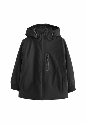 Veste noire à capuche avec fermeture éclair avant et poche poitrine zippée, équipée de cordons de capuche réglables et de poignets élastiques.