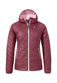 Bordeaux gefütterte Jacke mit Kapuze, die ein Chevron-Steppdesign, einen vorderen Reißverschluss und zwei seitliche Reißverschlusstaschen aufweist. Leichte Fütterung ist innen sichtbar.