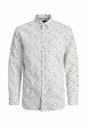 Lange mouwen knoopshirt gemaakt van lichte stof, met een witte achtergrond en kleine bloemmotieven in gedempte kleuren.