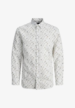 Langärmliges Hemd mit Knöpfen, hergestellt aus leichtem Stoff, mit einem weißen Hintergrund und kleinen Blumenmustern in gedämpften Farben.