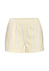 Baumwollshorts mit vertikalen gelben und weißen Streifen, elastischem Bund und seitlichen Taschen. Weiche Textur, lockere Passform.