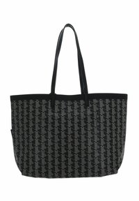 Sac fourre-tout noir avec un motif géométrique blanc. Fabriqué en matériau synthétique, il dispose de longues poignées et d'un design spacieux.