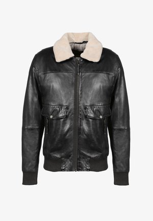 Schwarze Lederbomberjacke mit einem beigen Lammfellkragen, Frontreißverschluss, zwei Brusttaschen, gerippten Bündchen und Saum, glatte Textur.
