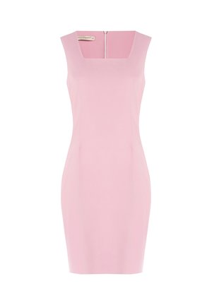 Vestito rosa senza maniche con scollatura quadrata e forma aderente. Presenta una cerniera sul retro discreta e una texture del tessuto liscia.