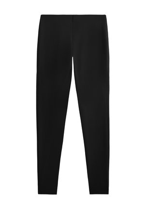 Black leggings made from stretchable fabric, featuring a seamless design, tailored fit, and a smooth texture. No visible hardware or patterns.