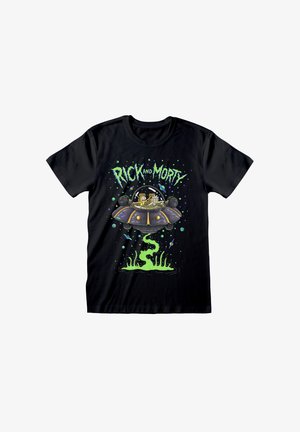 Sort bomulds t-shirt med et levende grafisk tryk af en flyvende tallerken med karakterer, omgivet af grøn slime og farverige kosmiske elementer.