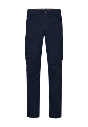 Pantalones cargo navy de tejido suave, con múltiples bolsillos laterales, corte recto y detalles de costura sutiles.