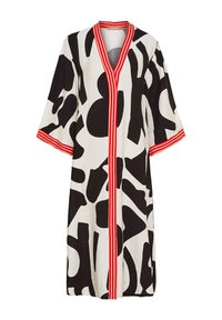 Svart och vit mönstrad kimono med vida ärmar, röda randiga detaljer och en mittlång design. Lätt material och öppen frontstil.