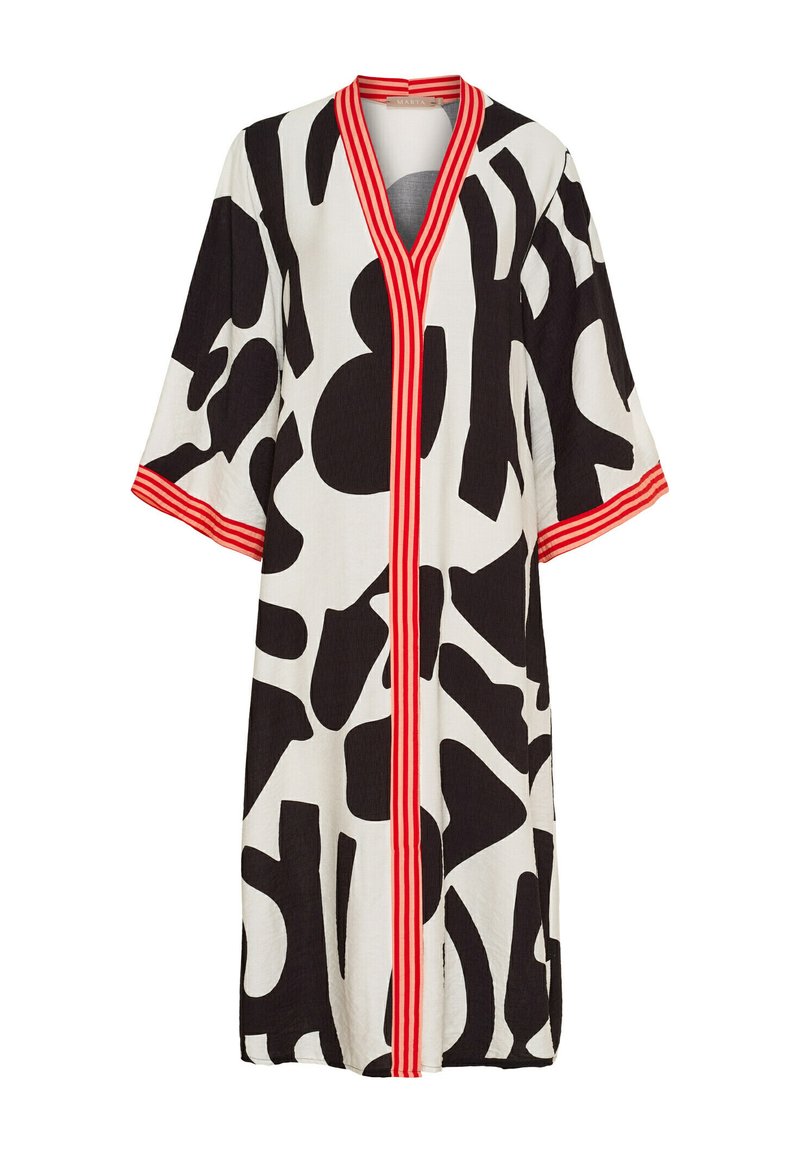 Svart och vit mönstrad kimono med vida ärmar, röda randiga detaljer och en mittlång design. Lätt material och öppen frontstil.