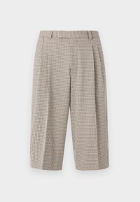 Παντελόνια cropped με ψηλή μέση και φαρδύ πόδι σε μπεζ και μαύρο μικρό καρό μοτίβο, θηλιές για ζώνη και τσάκιση μπροστά.