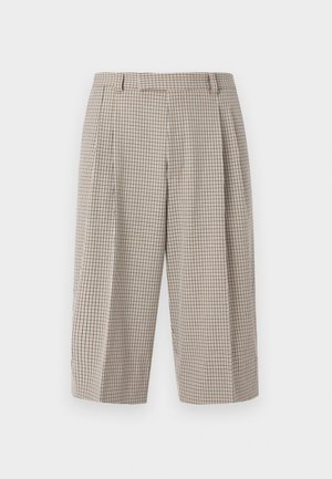 Παντελόνια cropped με ψηλή μέση και φαρδύ πόδι σε μπεζ και μαύρο μικρό καρό μοτίβο, θηλιές για ζώνη και τσάκιση μπροστά.