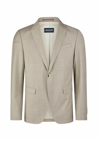 Beige taillierter Blazer aus strukturiertem Stoff, mit einem Ein-Knopf-Verschluss, Reverskragen und zwei Fronttaschen. Futter im Inneren.