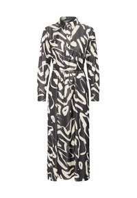 Langes Hemdkleid mit einem abstrakten Muster in Schwarz und Creme, das eine taillierte Taille und lange Ärmel aufweist. Hergestellt aus glattem, leichtem Stoff.