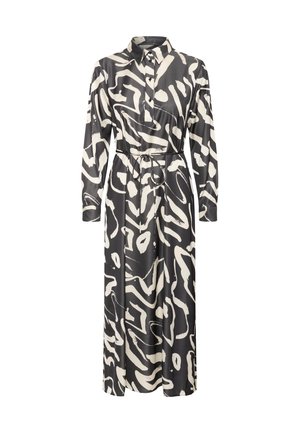 Dlhé košeľové šaty v čiernej a krémovej abstraktnej vzorovej úprave, s opaskom v páse a dlhými rukávmi. Vyrobené z hladkej, ľahkej tkaniny.