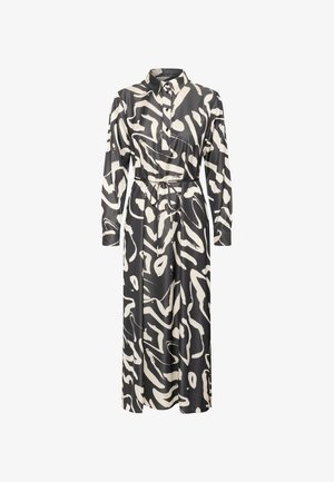 Pikk nööpidega kleit musta ja kreemja abstraktse mustriga, millel on vöökoha detail ja pikad varrukad. Valmistatud silutud, kerge kangaga.