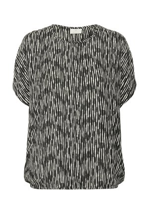 Blouse à manches courtes noir et blanc présentant un motif rayé texturé à bandes verticales avec un col rond et une coupe décontractée.