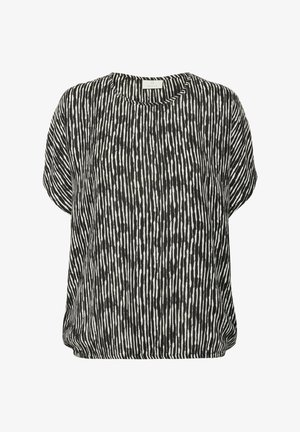 Black and white short-sleeve blouse featuring a textured, vertical striped pattern with rounded neckline and loose fit.