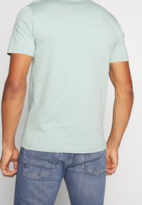 Camiseta corta de manga corta en un suave verde menta, hecha de una tela suave, con un corte clásico y detalles de costura en la parte trasera. Combinada con jeans azules.