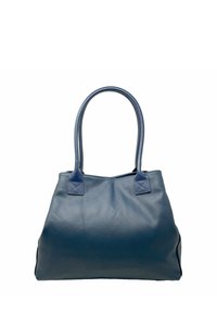 Blauwe leren handtas met een gestructureerde oppervlakte, twee stevige handvatten en een ruime body, met een eenvoudig ontwerp en geen zichtbare hardware.