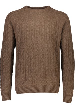Suéter marrón de punto trenzado con cuello redondo y puños y dobladillo acanalados. Presenta un diseño texturizado y un material suave de mezcla de lana.