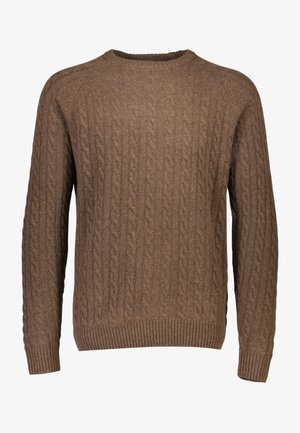 Bruine kabelgebreide trui met een ronde hals en ribgebreide manchetten en zoom. Heeft een textuurdesign en is gemaakt van een zachte wolblend.