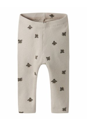 Beżowe prążkowane legginsy dla niemowląt z rozproszonymi małymi nadrukami pszczół, elastycznym pasem i wąskimi zakończeniami nogawek.
