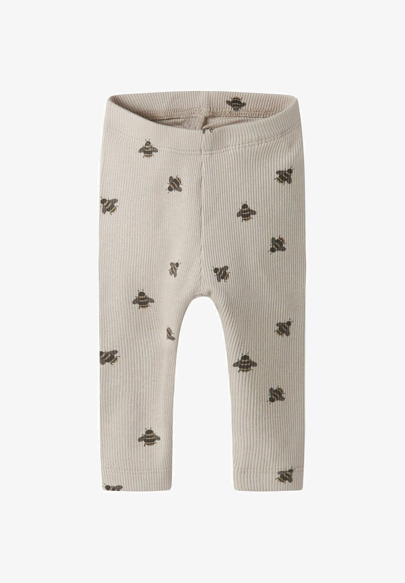 Μπεζ ριγωτό κολάν μωρού με διασπαρτά μικρά σχέδια μελισσών, ελαστική μέση και στενές ανοίγματα ποδιών.