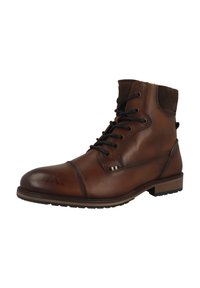 Botín de cuero marrón hasta el tobillo con punta redondeada, diseño de cordones, acentos de ante contrastantes y suela de goma texturizada.