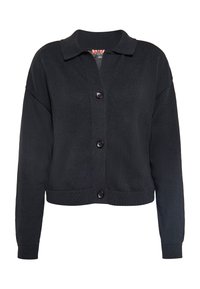 Cardigan tricotat negru cu guler, cinci butoane și manșete cu linii. Designul are o croială ușor scurtă și un material texturat.