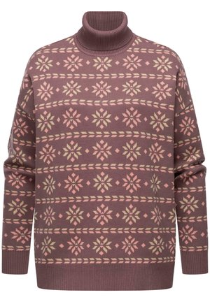 Maglione con collo alto lavorato a maglia color mauve, caratterizzato da un motivo a fiocchi di neve in rosa e verde oliva. Polsini e orlo a coste, design morbido e ampio.
