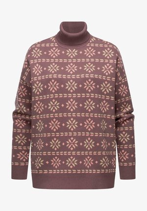 Maglione con collo alto lavorato a maglia color mauve, caratterizzato da un motivo a fiocchi di neve in rosa e verde oliva. Polsini e orlo a coste, design morbido e ampio.