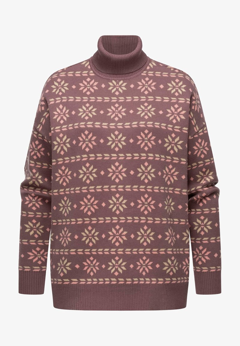 Megztinis su aukštu kaklu, švelniai rožinės spalvos, su sniego pusnies raštu rožine ir alyvuogių žaliai. Raibuliuoti rankogaliai ir apatinė dalis, laisvai krentantis dizainas.