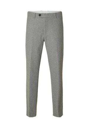 Pantaloni grigi su misura in tessuto testurizzato, dotati di chiusura con bottone frontale e tasche laterali, con un design a gamba dritta slim.