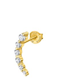 Boucle d'oreille en or au design courbé, ornée de sept pierres précieuses circulaires et transparentes, montées dans un métal lisse et poli. Le support est sécurisé et étiqueté "925".